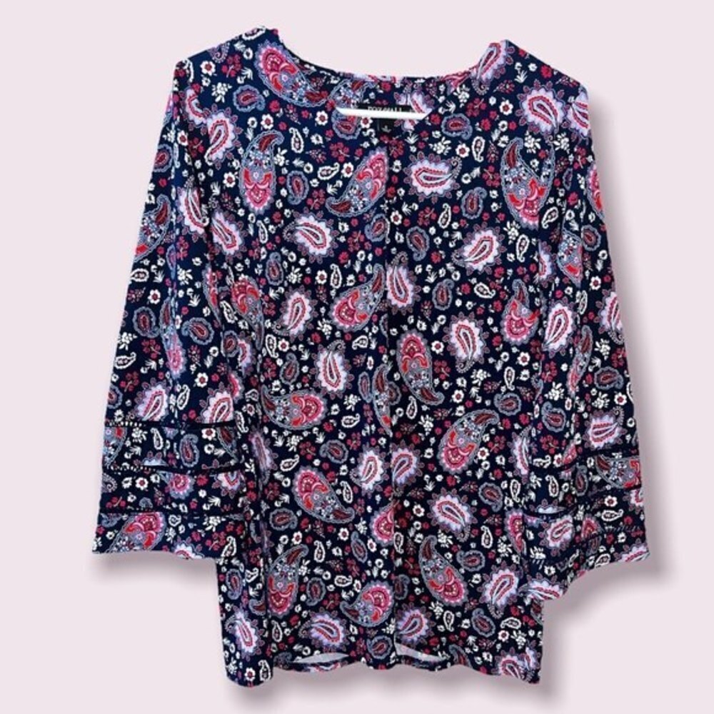 Roz & Ali Paisley Blouse Navy Purple Red 3/4 Sleeve V Neck Womens Size Small